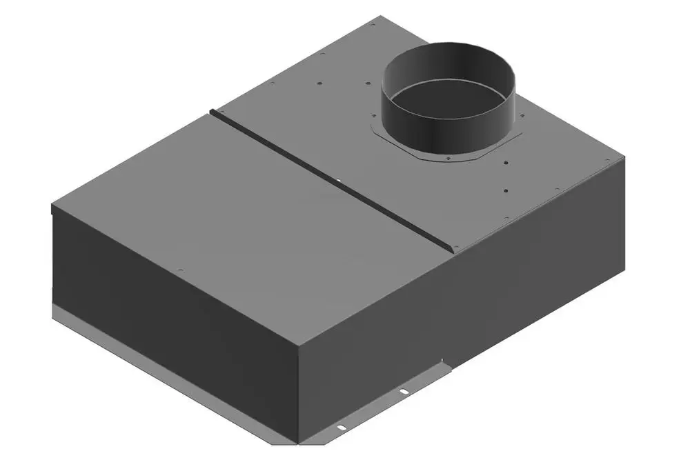 Graues Metallgehäuse mit runder Öffnung. Enthält Anschluss- und Befestigungselemente. Bosch-Produkt zur Strömungssicherung in Belüftungssystemen.